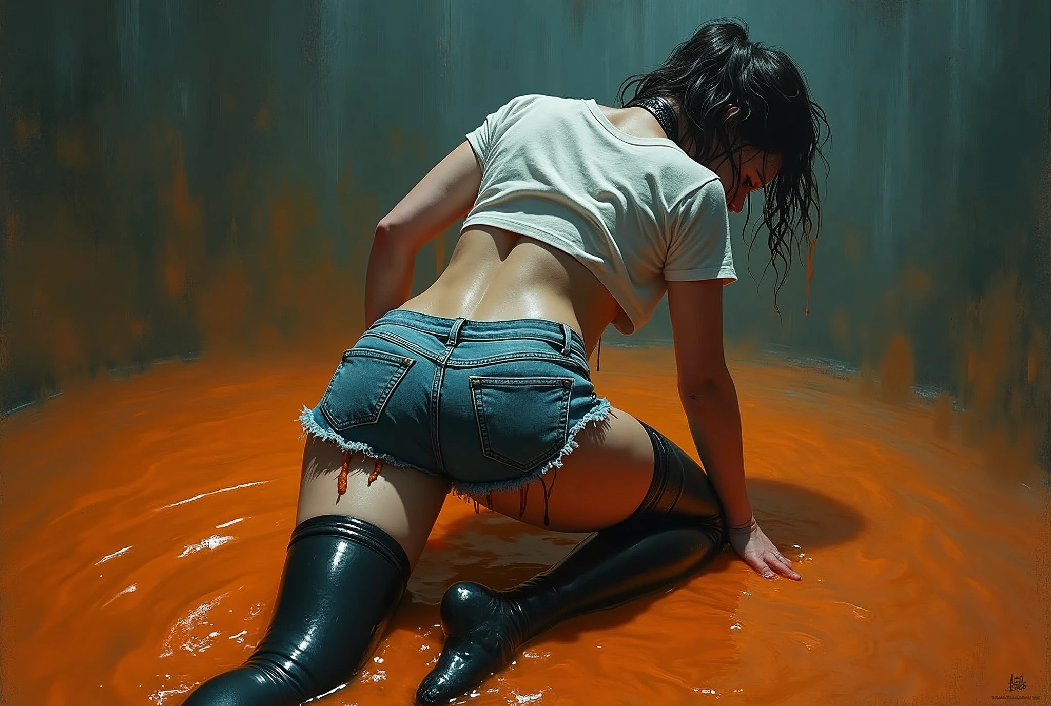 conceptual art, drowning, dripping wet, drama, indulges in , rubber black stockings, vintage jeans cut-offs, wet t-shirt, slave collar, stuck in slime, orange blue, black, void, sensually touches her , back view