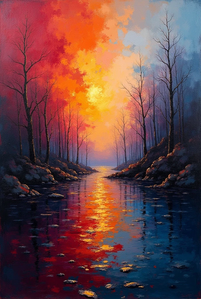 a thick textured oil painting, impasto brushstrokes, dry brushing, paletteknife oil painted harmonic colors, modern impasto style, abstract art, vibrant colors, deep shadows, warm lighting, atmospheric, moody, dramatic, intricate details, dynamic composition, expressive brushwork, textural paint surface, (best quality,4k,8k,highres,masterpiece:1.2),ultra-detailed,(realistic,photorealistic,photo-realistic:1.37)