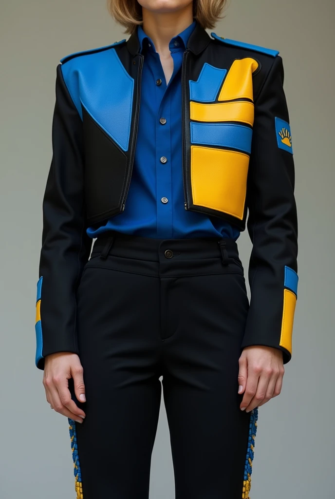 Marching band choreography outfit featuring a black jacket that falls below the hips with blue and yellow statements on the right and left sides, with long sleeves and open so that a blue shirt appears underneath and with simple black dress pants with the sides decorated in blue