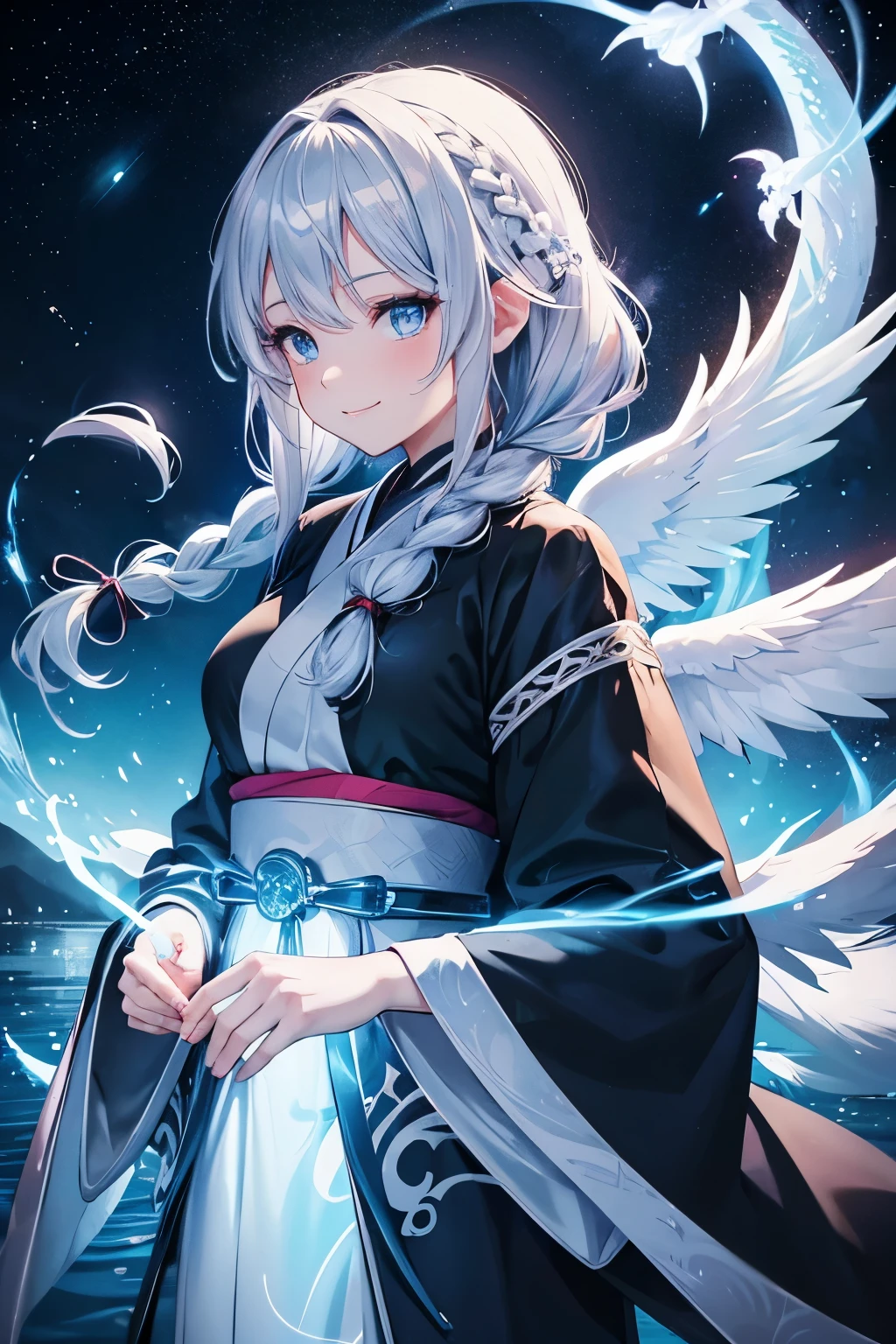 anime girl, white braided hair, large glowing silver dragon wings, silver glowing dragon tail, smiling affectionately, light blue eyes, outside near a lake at night background, woman in her 30's, all black kimono outfit