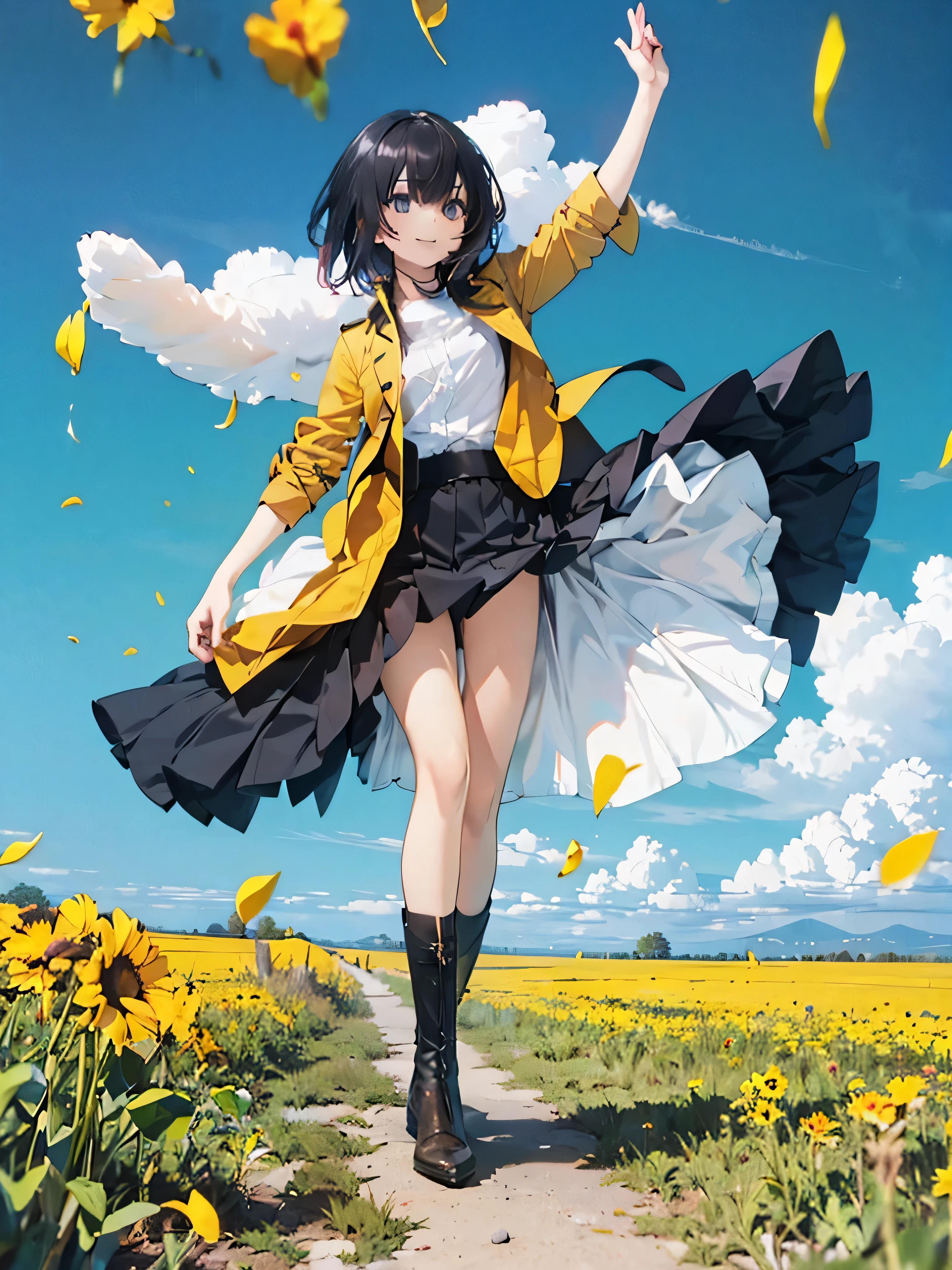 Official Art, wallpaper, Very detailed, (((Very detailed))), Realistic portraits, (high quality, masterpiece, High resolution), 8K UHD, high quality, There is a woman, surrounded by colorful flowers, Flower Field, female portrait With flowers, Beautiful young dark-haired woman, 4K, 8k, smile, Angle from below, Anatomically correct, Dynamic, low angle , Full body photo, The wind is blowing, Dancing petals, Western, horizon, dance, Bouncing, prairie, open field, beautiful sunny day, blue sky, Raise one leg