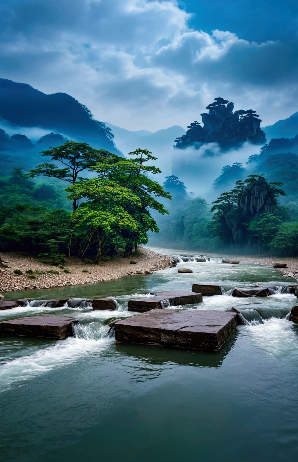 The stream is flowing,The stream is clear,Behind is the stone mountain of Zhangjiajie,Clouds and mist,Cinematic color grading