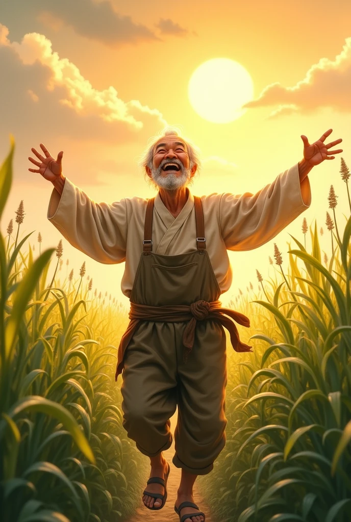An old farmer，Seeing a good harvest of Chinese medicinal herbs in the fields，Under the big sun，Very pleased，Dance