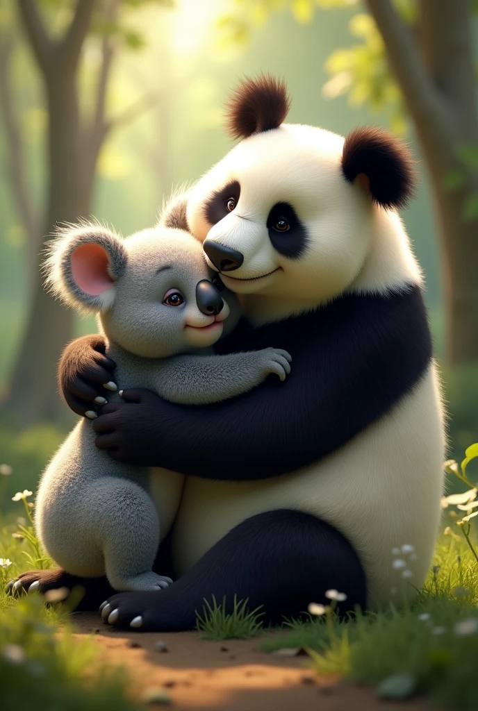 A koala hugging a panda