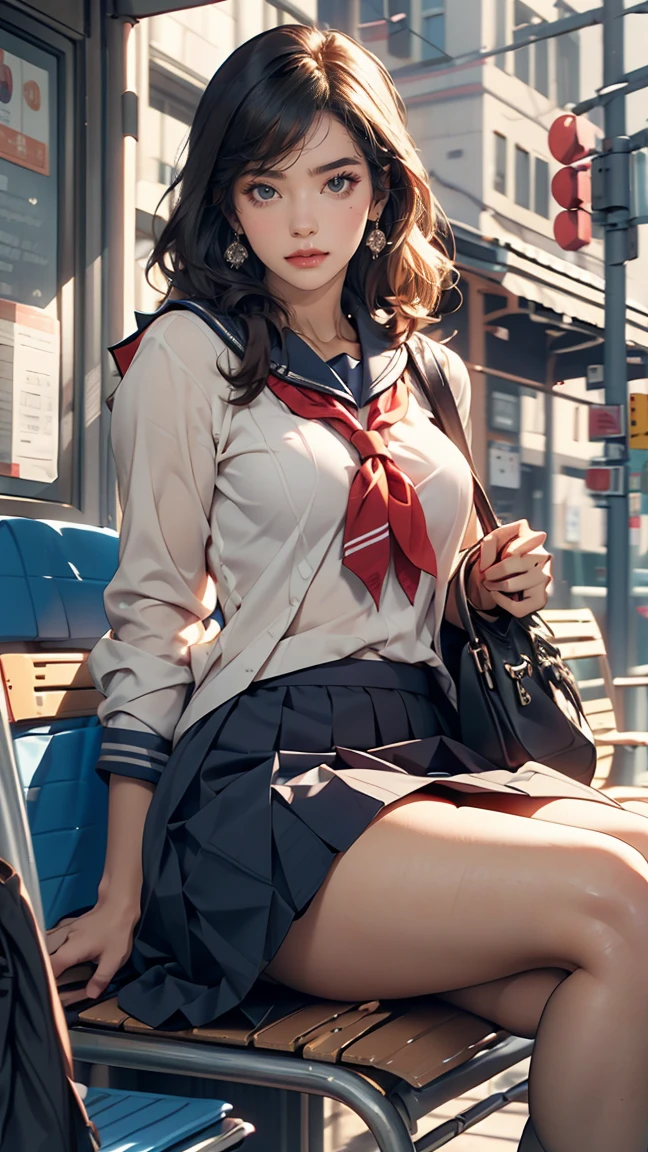 Japanese 、Sailor suit、Navy blue mini pleated skirt、loafers、school bag、Sitting on a chair with a classmate of the same sex in the bus stop waiting room, waiting for the bus、One Summer Day,(hem lift:1.3),(open bag:1.3),(adnet weight:1.0),(hem that rolls up:1.3),(Fully exposed pussy:1.5),Well good,no panty,