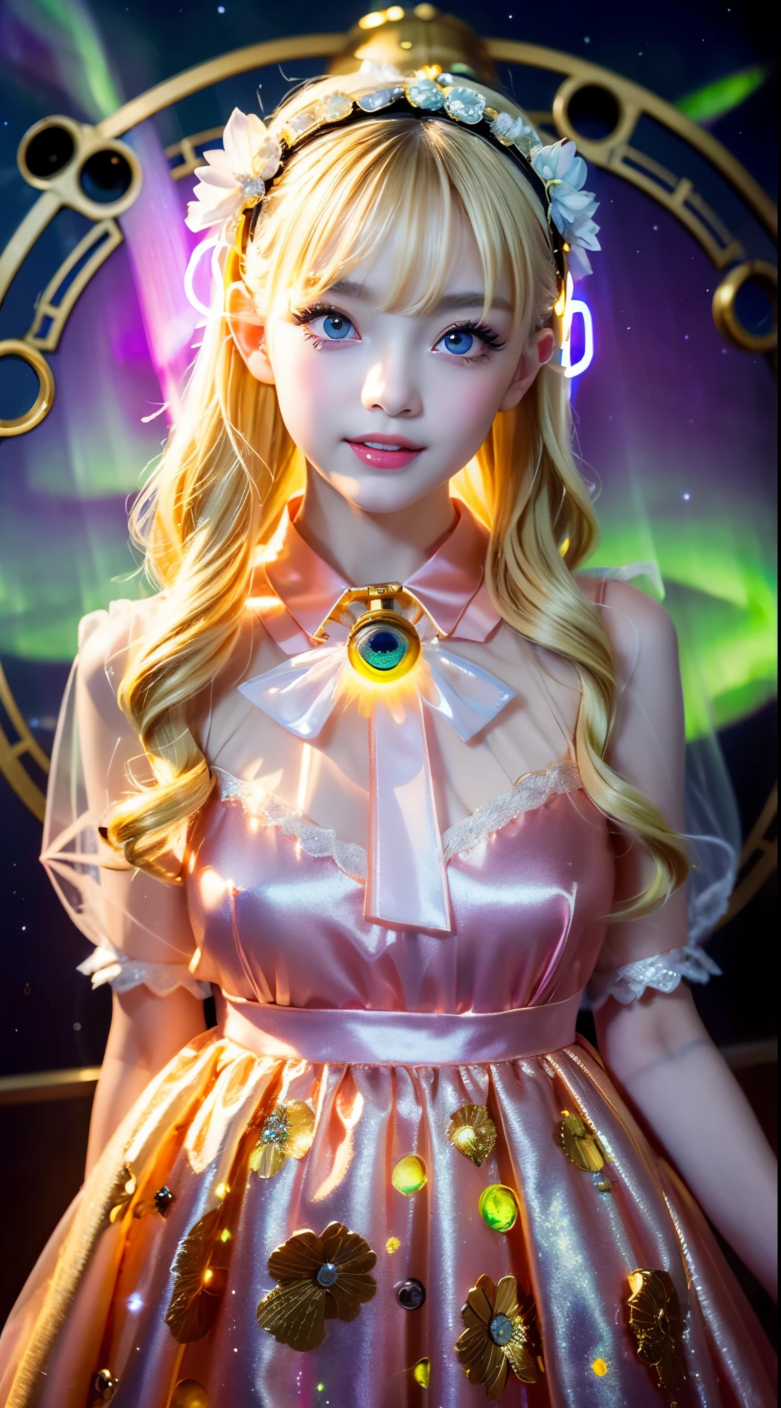 Fox Ears, very cute, Blonde Hair, Big smile, One girl, 1. Goddess Athena, The beautiful, flawless face of the goddess Athena, delicate yellow nightgown, Lots of sexy black lace detailing、Long sheer sequined nightgown, A beautiful pale red silk half veil, Legends of female saints, Icons of female saints, Beautiful goddess-like glitter, Dark and mysterious version, Vermilion lips, Plump red lips, ((口をclose:0.9)), Complete teeth, Symmetrical incisors, Bright white teeth, ((Angry face:0.8)), delicate and beautiful pino detailing, delicate and beautiful lip detail, (Pure and perfect face: 1.9), Female Eucharist, Round Breasts, 大きくてRound Breasts, Phoenix Brooch, Long, flat bangs, Long black hair, Beautiful, clear face and well-proportioned eyes, (Pale pink eyes with transparent irises: 1.8), (Big round eyes and makeup, Sexy wet eye makeup, So beautiful、Careful hair and makeup, long and delicate blonde hair, delicate, Body image: 1.8), shape: Brilliant and, (The stars that make up the sky々: 1.7), (The Gate of Heaven and Imaginary Time and Space: 1.8), Imaginary art, RAW Photos, hanfu pictures, Best Photos, High resolution, 最high quality, Best Photos, Best Goddess Quality, 8k female, Super 8 Single Saint Portrait, The most true color scheme, masterpiece, Best Beauty Brands, Best Hair Jewelry, Brand real photo, Dark studio, Border Light, Two-tone lighting, (Rosy white skin: 1.4), (High skin detail: 1.1), 8k uhd, SLR, Soft Light, 8k, high quality, Frank, Smooth and sharp volume, 10x more pixels, Sexy Goddess, Sexy Goddess, (Background Space: 1.8), (The most beautiful aurora eye: 1.7), Beautiful Eyes, The aurora is beautiful and flower-like, (Beautiful single women: 1.8), (see here:0.8), close, Approaching the Goddess, Clear and unrealistic
