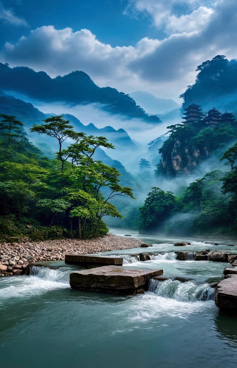 The stream is flowing，The stream is clear，Behind is the stone mountain of Zhangjiajie,Clouds and mist，Cinematic color grading
