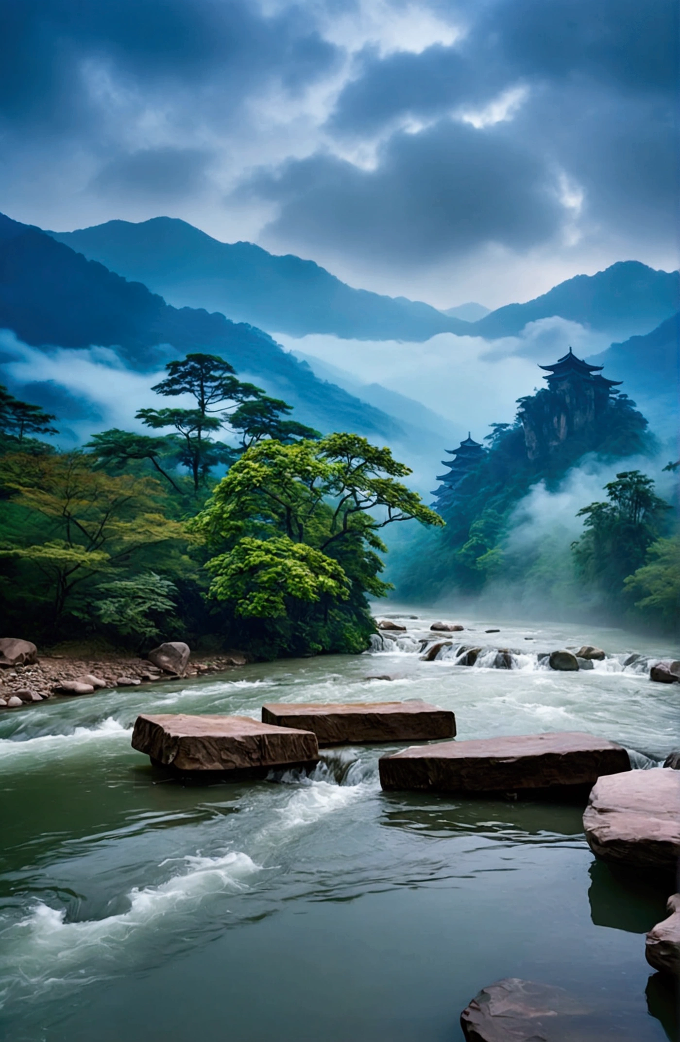 The stream is flowing,The stream is clear,Behind is the stone mountain of Zhangjiajie,Clouds and mist,Cinematic color grading