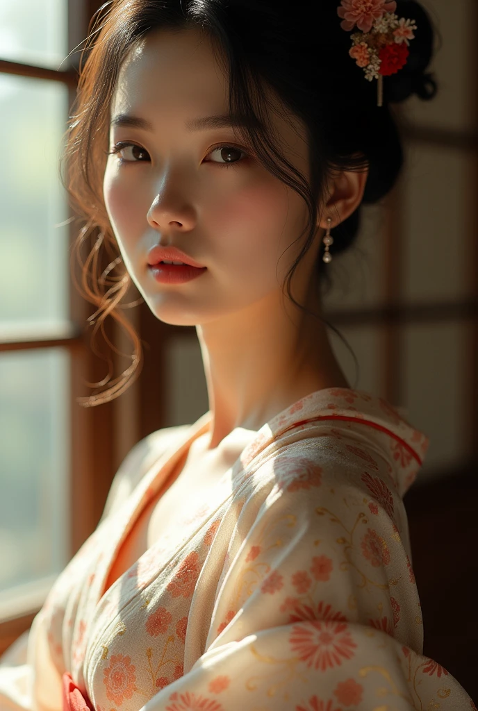 An elegantly dressed Japanese woman in natural light、A close-up of her chest and calm expression.、It shows her inner peace and outer charm.。