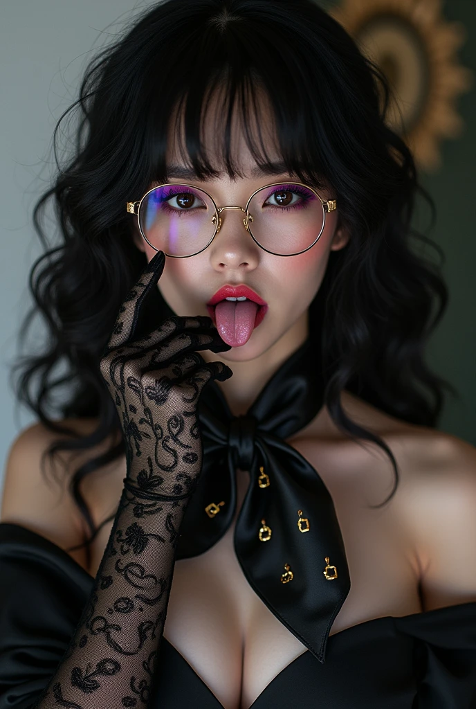 With long, curly black hair、Heavy makeup and purple eyeshadow、Dark eyeliner、Around her neck she wears a ribbon-shaped satin black and gold chain patterned scarf.、Wearing gold-rimmed glasses、Wearing long gloves made of black rose lace、A Japanese woman in her 40s wearing a striped white suit is licking her fingers obscenely with her tongue
