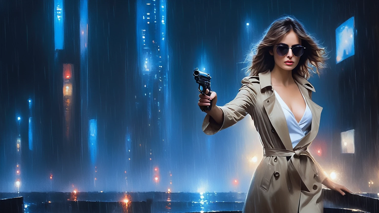 (Hyper-realistic photograph:1.4), Captivating scene under the rain at night on a rooftop, a sexy slim woman, large breast cleavage, with short brown hair, three-quarters view, Black trench coat, (black sunglasses, holding a short gun), with a dark rainy city landscape in background, blue eyes, photography style, (half-body shot:1.3), (contemplative expression:1.2),(well-lit:1.2) Extremely Realistic, serendipity art, (sharp focus:1.3), intricate details, highly detailed, by God himself, original shot, masterpiece, detailed and intricate, Movie Still, guttojugg1