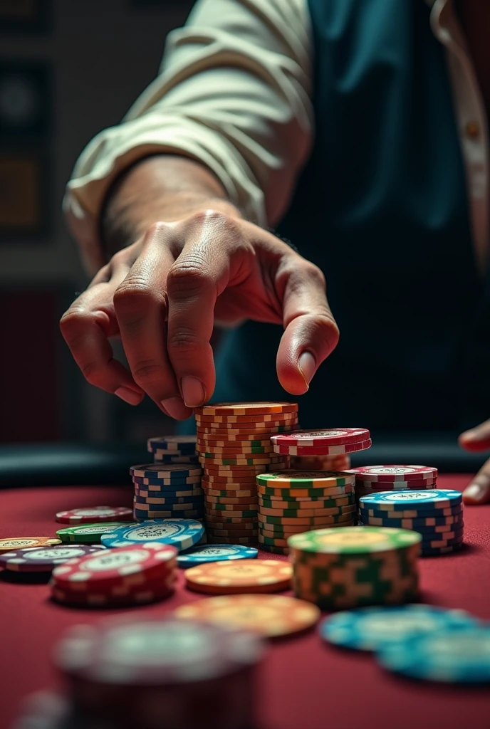 A hand trying to grab a pile of poker chips