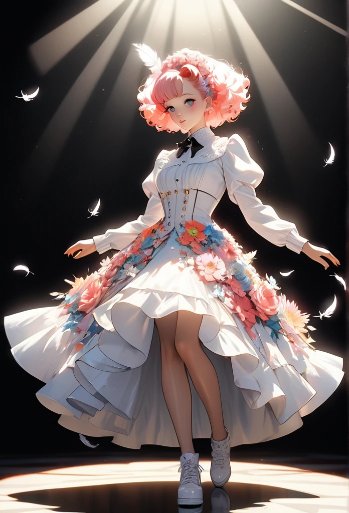 illustration,,acrylic ,victorian art style,genius girl,Gorgeous dress made of flowers,full body portrait,focus on falling feathers,spotlight effect,rim light,Glowing special effects,Bright colors、bright,high saturation,high contrast,black background,Ultra-fine,Surreal,Real light and shadow contrast,realistic raytracing,True light attenuation,True light reflection,anti-aesthetic style,poodle punk,Snapshot aesthetic style ,