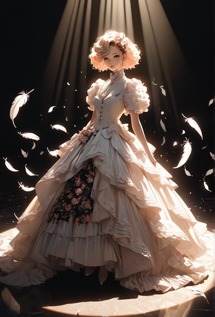 illustration，，acrylic ，victorian art style，genius girl，Gorgeous dress made of flowers，full body portrait，focus on falling feathers，spotlight effect，rim light，Glowing special effects，Bright colors、bright，high saturation，high contrast，black background，Ultra-fine，Surreal，Real light and shadow contrast，realistic raytracing，True light attenuation，True light reflection，anti-aesthetic style，poodle punk，Snapshot aesthetic style ，