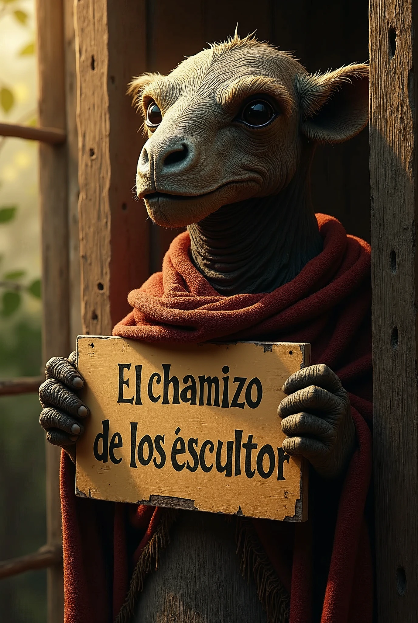 a detailed illustration of a chamizo with a sign that says "El chamizo de los escultor", highly detailed, extremely realistic, hyper realistic, 8k, photorealistic, professional lighting, chiaroscuro lighting, dramatic lighting, dramatic shadows, intricate details, intricate textures, natural materials, weathered wood, worn textures, golden hour lighting, soft warm tones, moody atmosphere, atmospheric perspective, depth of field, cinematic composition, masterpiece