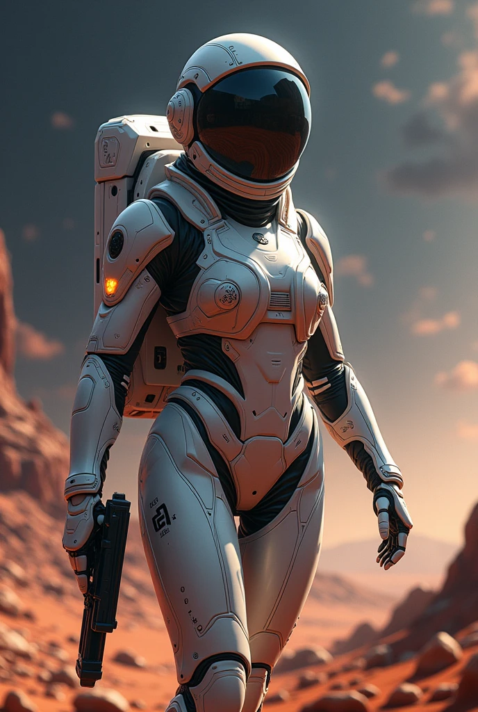 astronaut in space suit flying through the air with a spaceship in the background, beautiful woman in spacesuit, space soldier on mars with a gun, interstellar space suit, science fiction space suit, spacesuit with small led lights, sci fi female character, sci-fi cinematic movie still, movie still 8 k, epic sci-fi character art, epic sci - fi character art