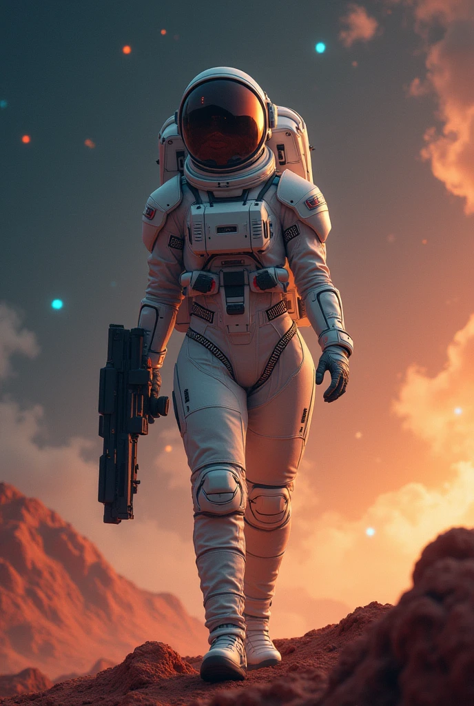 astronaut in space suit flying through the air with a spaceship in the background, beautiful woman in spacesuit, space soldier on mars with a gun, interstellar space suit, science fiction space suit, spacesuit with small led lights, sci fi female character, sci-fi cinematic movie still, movie still 8 k, epic sci-fi character art, epic sci - fi character art