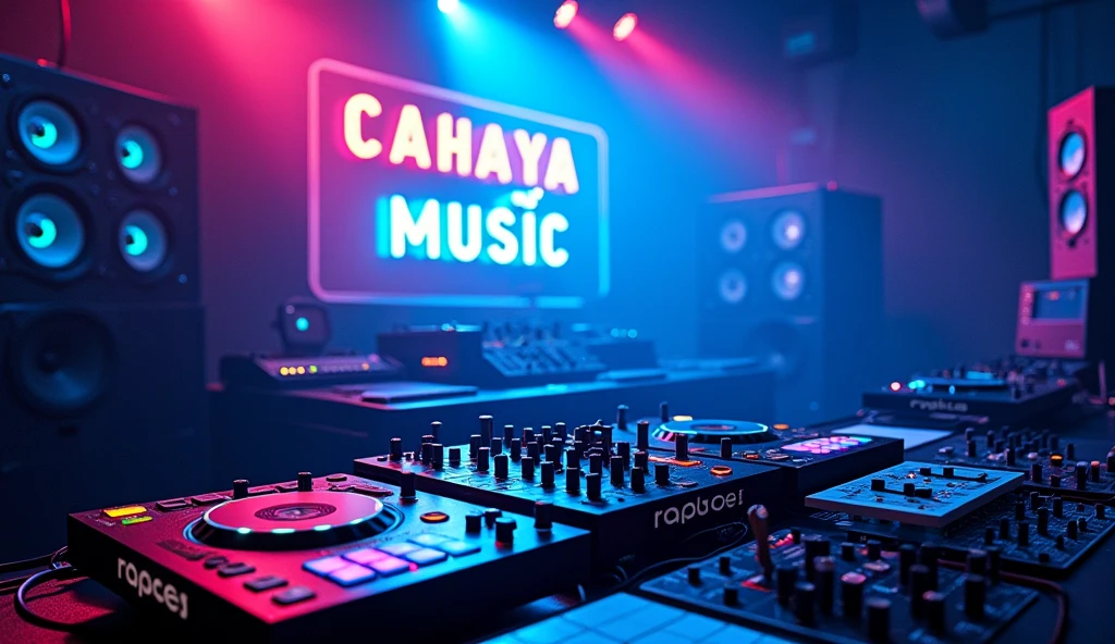 poster with large speakers and musical equipment in the background, neon blue color scheme, big text "DJ CAHAYA MUSIC" in the top left corner, large sound waves coming from speakers, black white yellow green orange purple pink red palette, in the style of photorealistic, in the style of hyper realistic. 30locent disco", background of huge speakers, keyboard and audio equipment in the foreground, neon lights, vector graphics, bright colors, neon blue light effect, musical theme, logo for DJ club "Girlz tasting techno". Vector illustration. A poster with a big sound system, dj music festival flyer or party flyer template design, in the style of ultra realistic photography