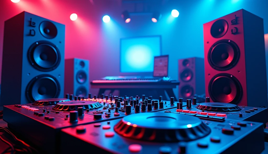 poster with large speakers and musical equipment in the background, neon blue color scheme, big text "DJ CAHAYA MUSIC" in the top left corner, large sound waves coming from speakers, black white yellow green orange purple pink red palette, in the style of photorealistic, in the style of hyper realistic. 30locent disco", background of huge speakers, keyboard and audio equipment in the foreground, neon lights, vector graphics, bright colors, neon blue light effect, musical theme, logo for DJ club "Girlz tasting techno". Vector illustration. A poster with a big sound system, dj music festival flyer or party flyer template design, in the style of ultra realistic photography