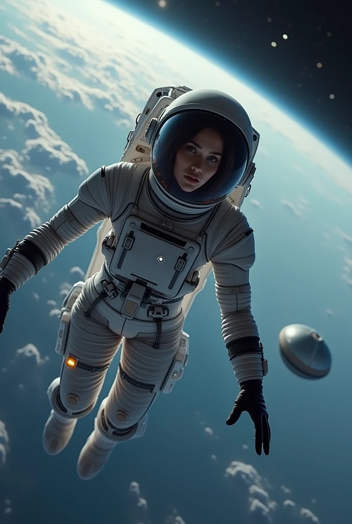 astronaut in space suit flying through the air with a spaceship in the background, concept art by jessica rossier, cgsociety contest winner, space art, beautiful woman in spacesuit, space soldier on mars with a gun, interstellar space suit, science fiction space suit, spacesuit with small led lights, sci fi female character, sci-fi cinematic movie still