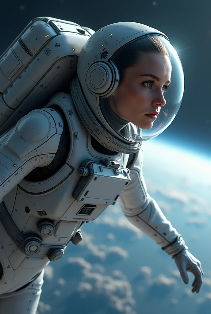 astronaut in space suit flying through the air with a spaceship in the background, concept art by jessica rossier, cgsociety contest winner, space art, beautiful woman in spacesuit, space soldier on mars with a gun, interstellar space suit, science fiction space suit, spacesuit with small led lights, sci fi female character, sci-fi cinematic movie still