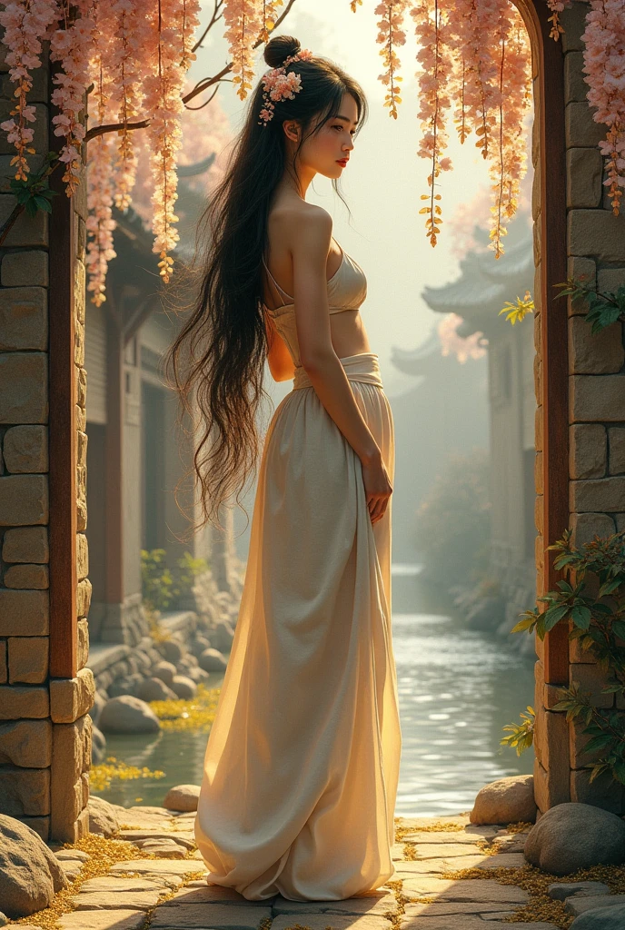 (photorealistic :1.2), epic realistic, intricate detail, abstract light and shiny, gold and ink painting, full body view, long flowering hair adorned with flowers, Chinese beauty, halter top, large oversized linen pant, Chinese kintsugi patterns, minimalist, under the wisteria flowers, old stone steps , old gate, old stone house, spring wells, gold kintsugi and splash effects background, realistic textures.