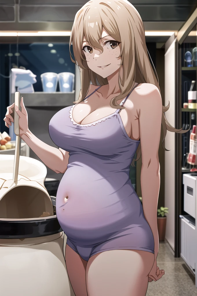 score_9, score_8_up, score_7_up, source_anime, best quality, clear face, 1girl, Clair Aoki, masterpiece, best quality, highres, aoki1, brown eyes, freckles, large breasts, bikini, shorts, cleavage, smile, looking at viewer, sky, standing, pregnant belly, huge belly, big belly, Belly button, Maternity nightgown, rub belly