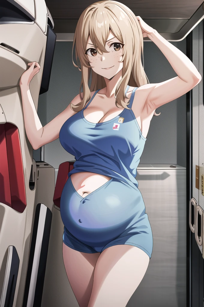 score_9, score_8_up, score_7_up, source_anime, best quality, clear face, 1girl, Clair Aoki, masterpiece, best quality, highres, aoki1, brown eyes, freckles, large breasts, bikini, shorts, cleavage, smile, looking at viewer, sky, standing, pregnant belly, huge belly, big belly, Belly button, Maternity nightgown, rub belly