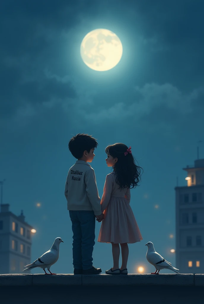 A boy and a girl are both alone on the rooftop and it is a moonlit night. The boy and the girl are both looking at the moon. Shahbaz is written on the boy's back and Nazia is written on the girl's back and two white Pigeon are making love near them.