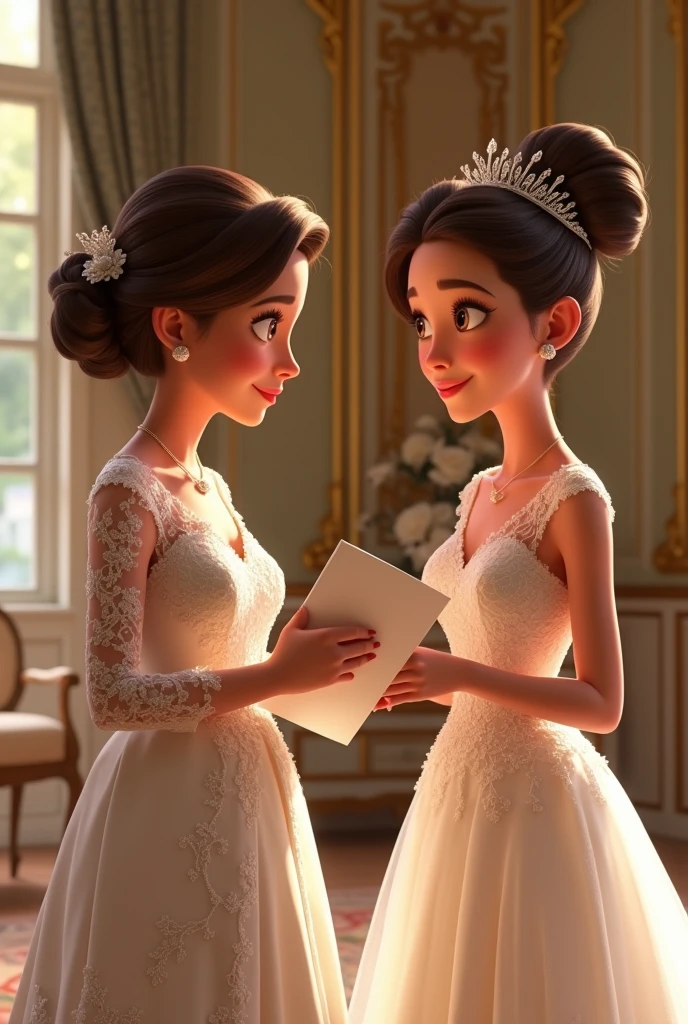 The mother of the bride giving a document to the bride, 3d , pixar disney style, cinematic masterpiece, aesthetic 
