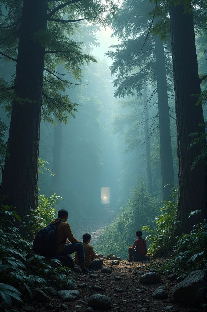 A group of mountain climbers resting in a dense forest with large, old-looking trees.. Among the trees, a faint shadow is visible in the distance, as if something was lurking