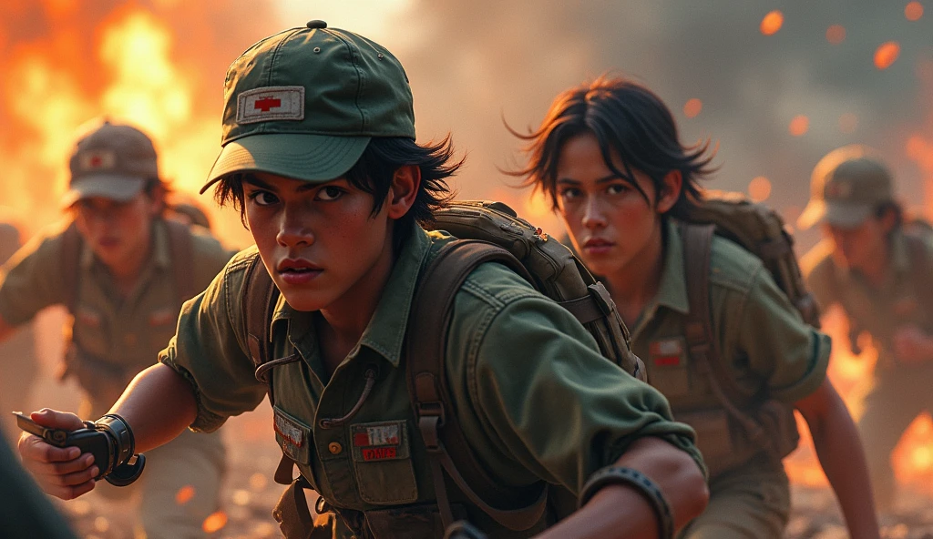 Wartime youth fighters、Wearing baseball caps、 battle scenes、There are many people fighting around、Fires burning around、A sense of presence。 Real、Real、Age 38s old、Black hair
