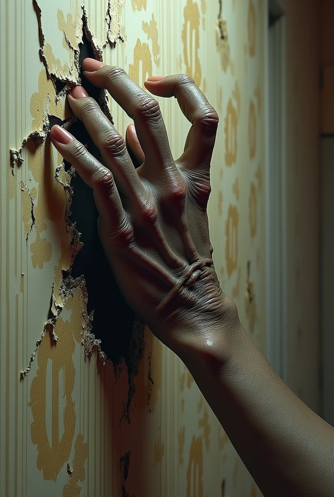 Monster hand tearing wallpaper