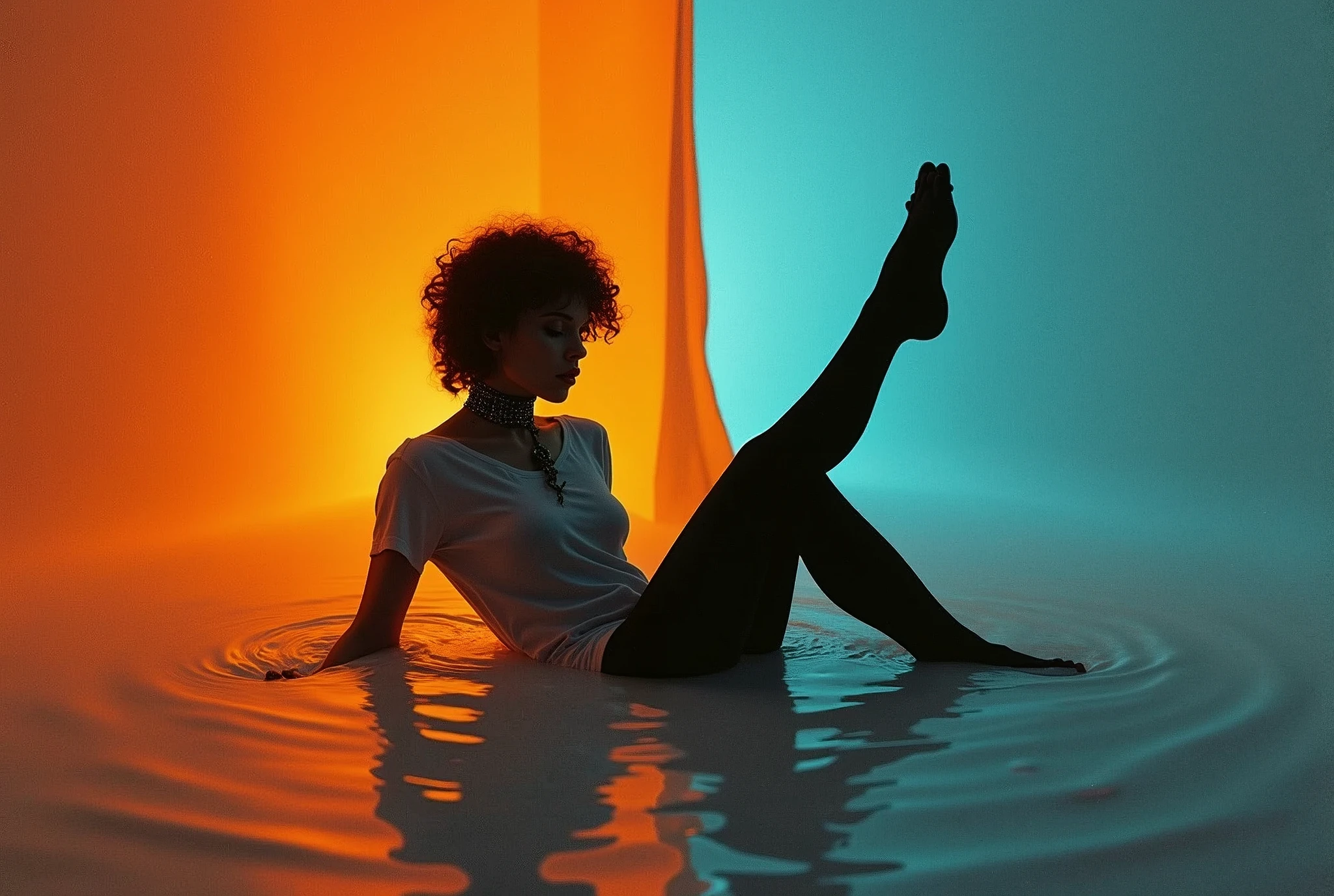 70s setting, grainy analog film, abstract art, minimalistic, silhouette, artwork, conceptual, drama, indulges in fetish, black stockings, vintage, t-shirt, slave collar, drowned in slime, fallen deep in slime, fallen, orange blue, black, void
