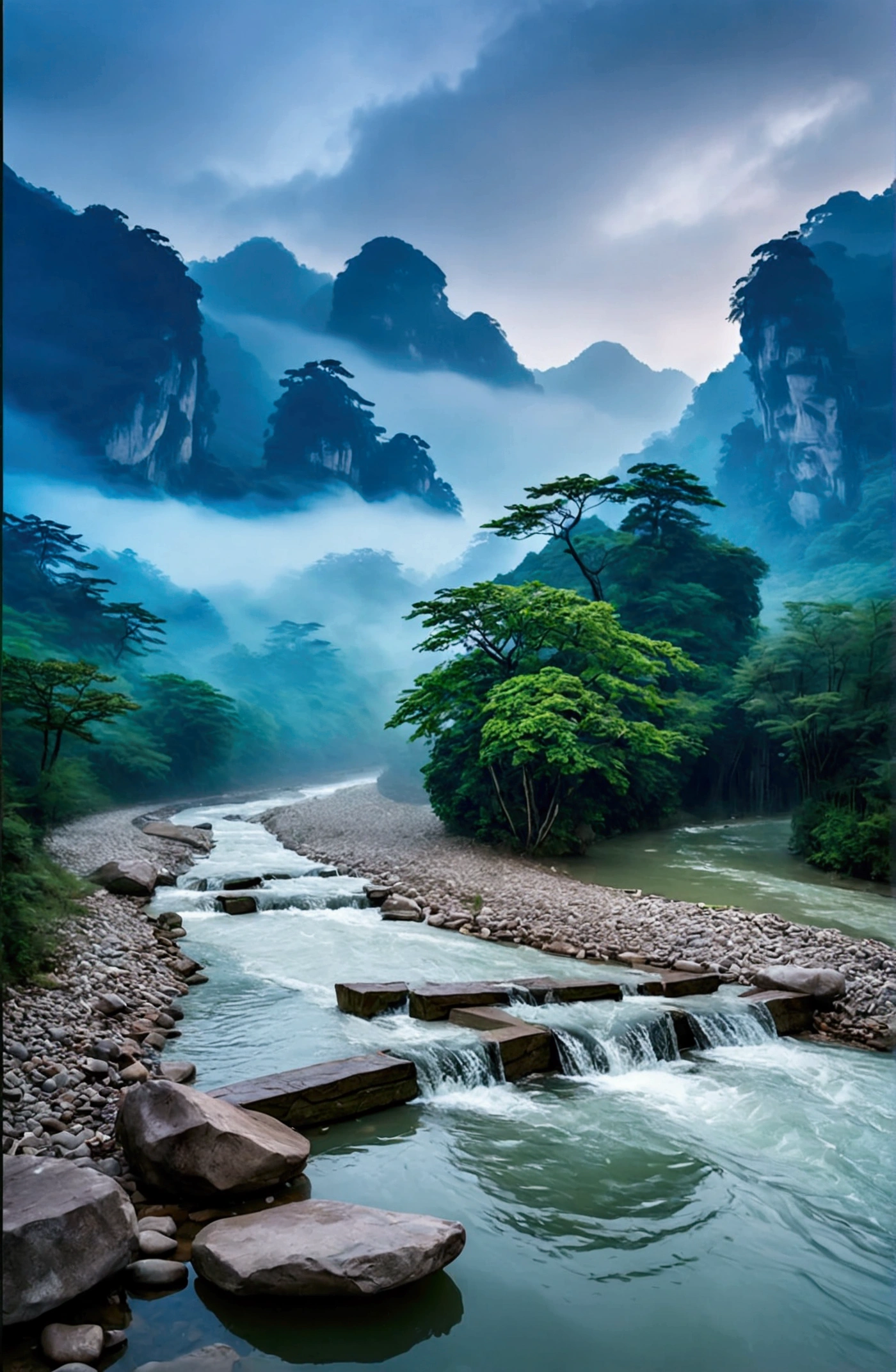 The stream is flowing，The stream is clear，The mountain next to it is Zhangjiajie&#39;s Stone Mountain,Clouds and mist，Uniform hue，Cinematic color grading
