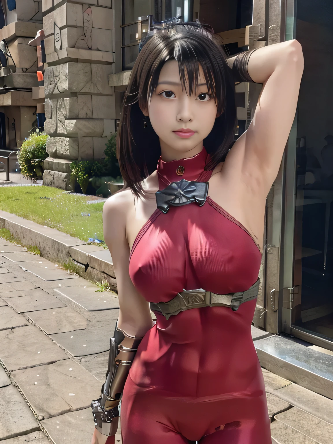20 year old Japanese beauty,One girl、Muscles like a bodybuilder、Emphasize the breasts、Slit eyes、A head-to-toe view,Bust is very very large、The background is the arena、High quality photos、Clear, crisp images of the lower body、Masterpiece 8k、Face of the upper eye、Silver armor cosplay、Wielding an axe with both hands、Clothes that emphasize the crotch、Wearing glasses、TAKI from Soul Calibur
