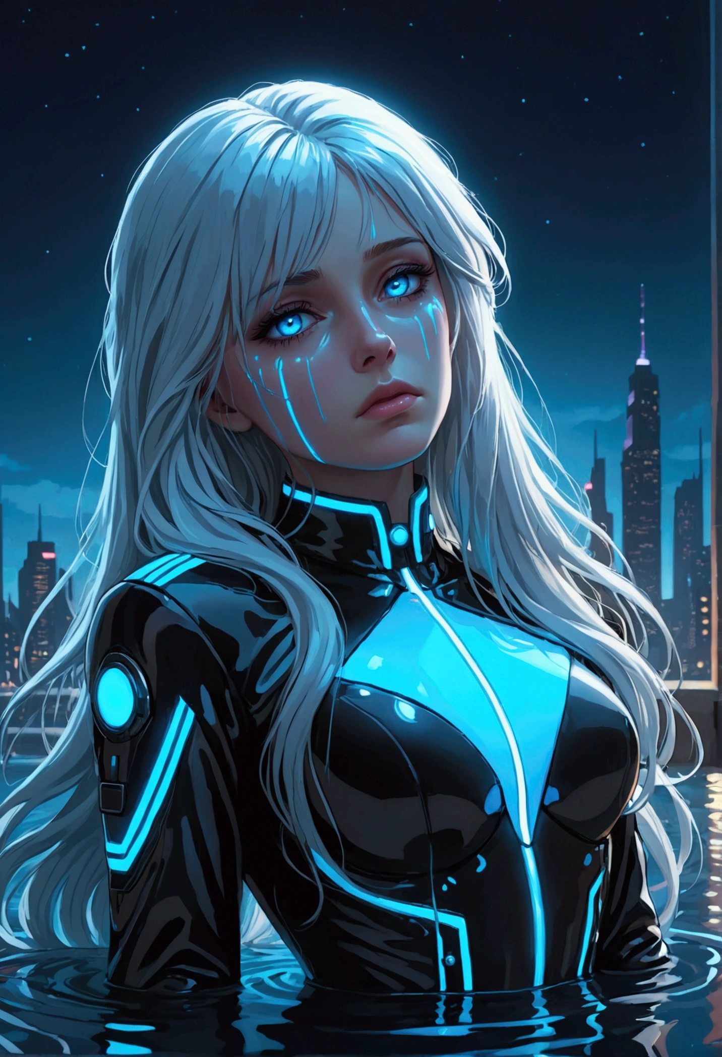 ((best quality)), ((masterpiece)), (detailed), (total body), perfect face, a beautiful woman with white long hair and a sky blue reflection, she has a tufted fringe, she has sky blue eyes, she has total black cyber suit clothes with some neon sky blue lights on it, cyber line on her face, she has a sad look, she is sad she is suffering and dying lying in the water in a pond, in the night with skyblue lights, she has fatal injuries. total body.