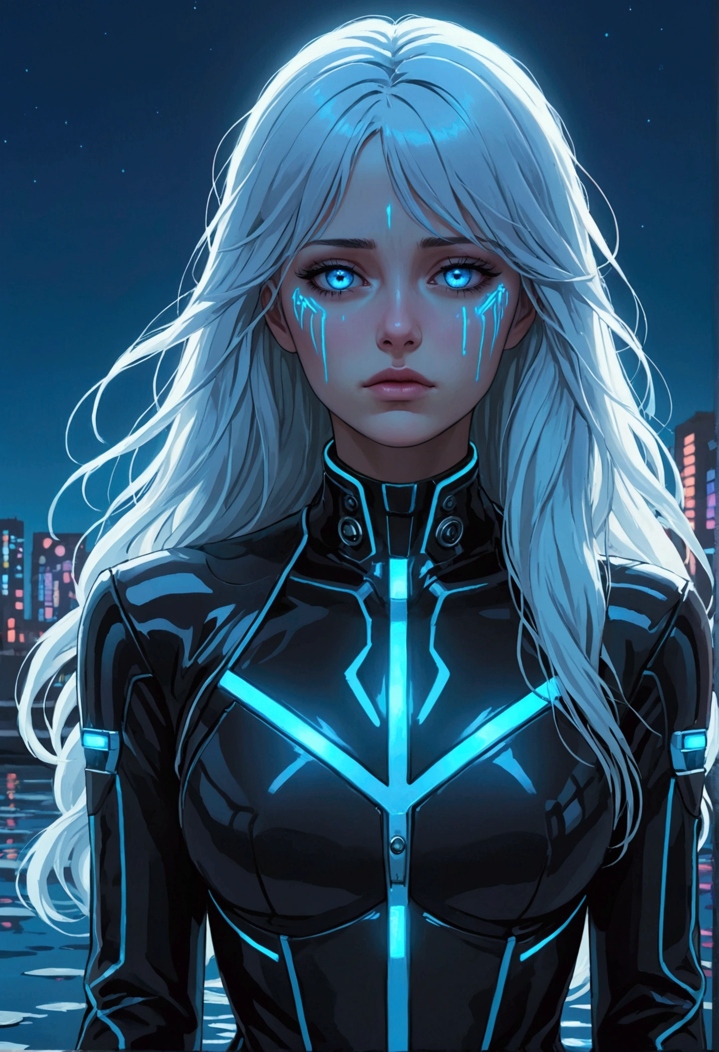 ((best quality)), ((masterpiece)), (detailed), (total body), perfect face, a beautiful woman with white long hair and a sky blue reflection, she has a tufted fringe, she has sky blue eyes, she has total black cyber suit clothes with some neon sky blue lights on it, cyber line on her face, she has a sad look, she is sad she is suffering and dying lying in the water in a pond, in the night with skyblue lights, she has fatal injuries. total body.