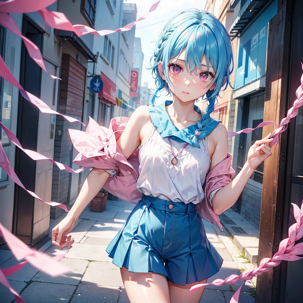 (Sky blue hair),(Braided short hair), (Pink Eyes),Fair skin) ,(whole body),(one person's),(Embarrassed),(The background is a school classroom),(Heart lettering on a blackboard),(Heart-shaped chocolate),(Hand it forward with both hands),(Sailor suit),(valentine's day),(masterpiece, Highest quality, Very detailed, Best Shadow), (Detailed Background), (Beautifully detailed face), High Contrast, (Best lighting, Very delicate and beautiful), ((Cinematic Light)), Hyper Detail,8k, Dramatic Light, Intricate details,High quality
