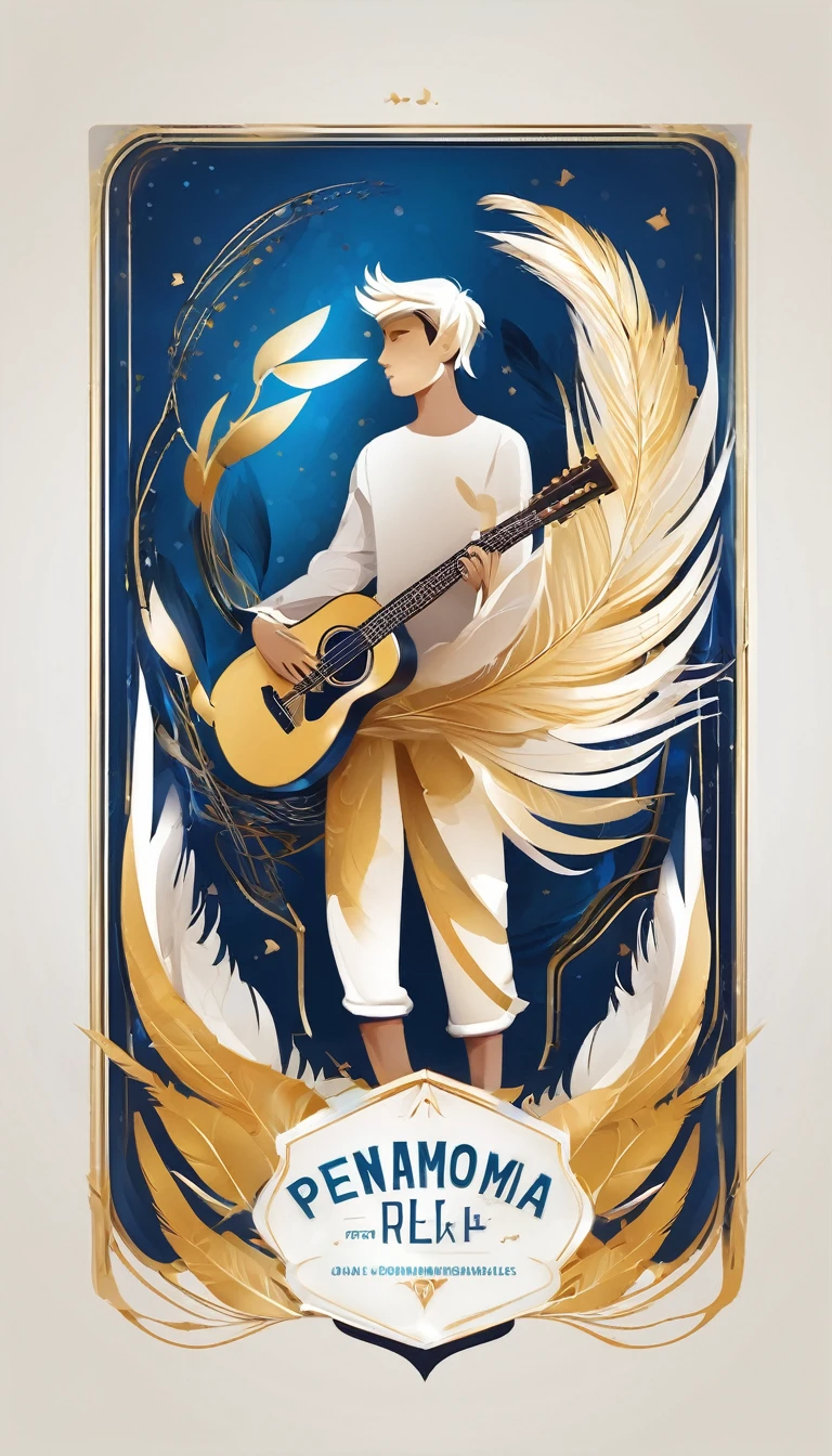 Create a cinematic, abstract symbol for a storytelling production brand based on stories and dreams called " Penamemoria". The logo should convey a fantasy theme and include the company of a boy and a feather. Fantastic, memorable, poetic, dreamy, boy playing guitar inside a fantastic, unique, poetic white-blue-golden feather.