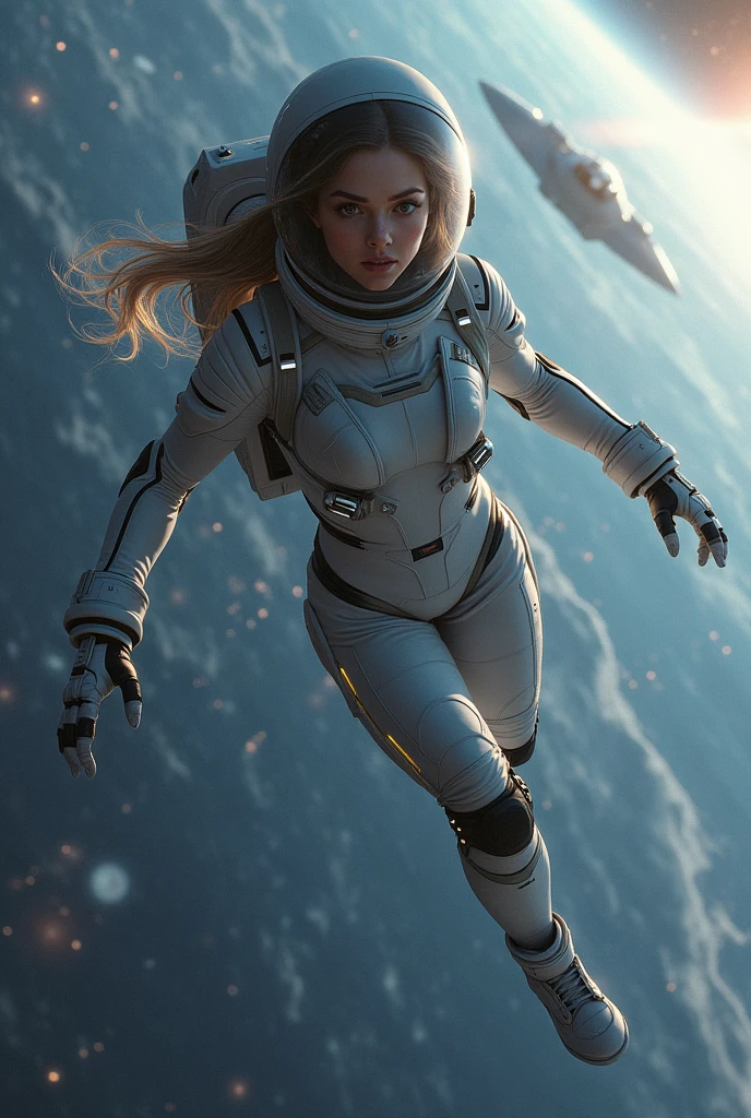 astronaut in space suit flying through the air with a spaceship in the background, concept art by jessica rossier, cgsociety contest winner, space art, beautiful woman in spacesuit, space soldier on mars with a gun, interstellar space suit, science fiction space suit, spacesuit with small led lights, sci fi female character, sci-fi cinematic movie still