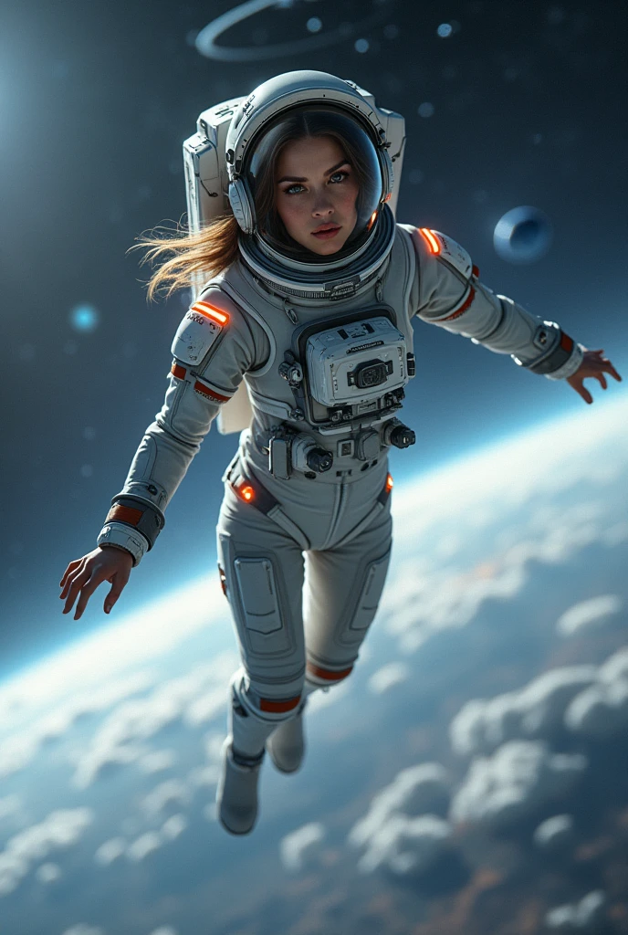 astronaut in space suit flying through the air with a spaceship in the background, concept art by jessica rossier, cgsociety contest winner, space art, beautiful woman in spacesuit, space soldier on mars with a gun, interstellar space suit, science fiction space suit, spacesuit with small led lights, sci fi female character, sci-fi cinematic movie still