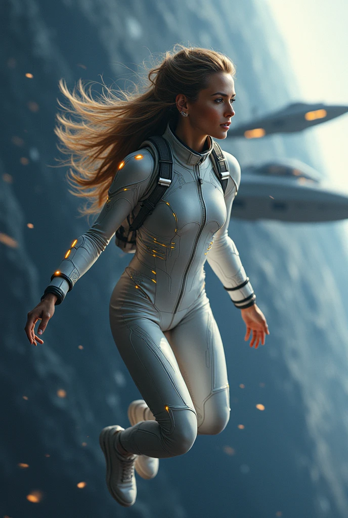 astronaut in space suit flying through the air with a spaceship in the background, concept art by jessica rossier, cgsociety contest winner, space art, beautiful woman in spacesuit, space soldier on mars with a gun, interstellar space suit, science fiction space suit, spacesuit with small led lights, sci fi female character, sci-fi cinematic movie still