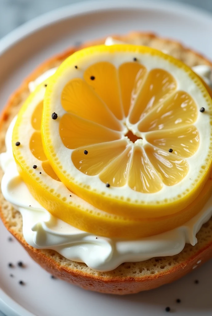 Place lemon slices and cream cheese between cut bagels