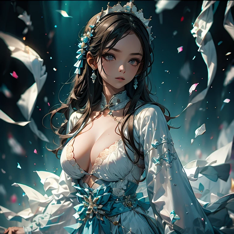 Girl in a long blue evening dress with glitter around her water drops in the shape of fish