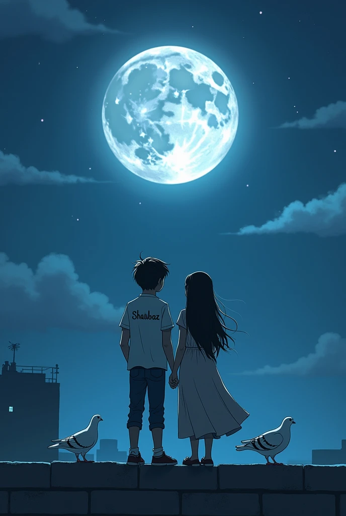 A boy and a girl are both alone on the rooftop and it is a moonlit night. The boy and the girl are both looking at the moon. Shahbaz is written on the boy's back and Naziya is written on the girl's back and two white Pigeon are making love near them.