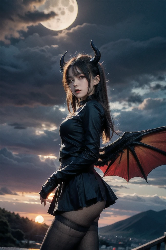 masterpiece, (best quality:1.2), [:intricate details:0.2], demon girl, skirt, (red eyes:1.3), demon horns, demon wings, demon tail, enchanting gaze, captivating pose, otherworldly charm, mystical sky, moonlit night, cloud, HD, 8K, very detialed, high definition