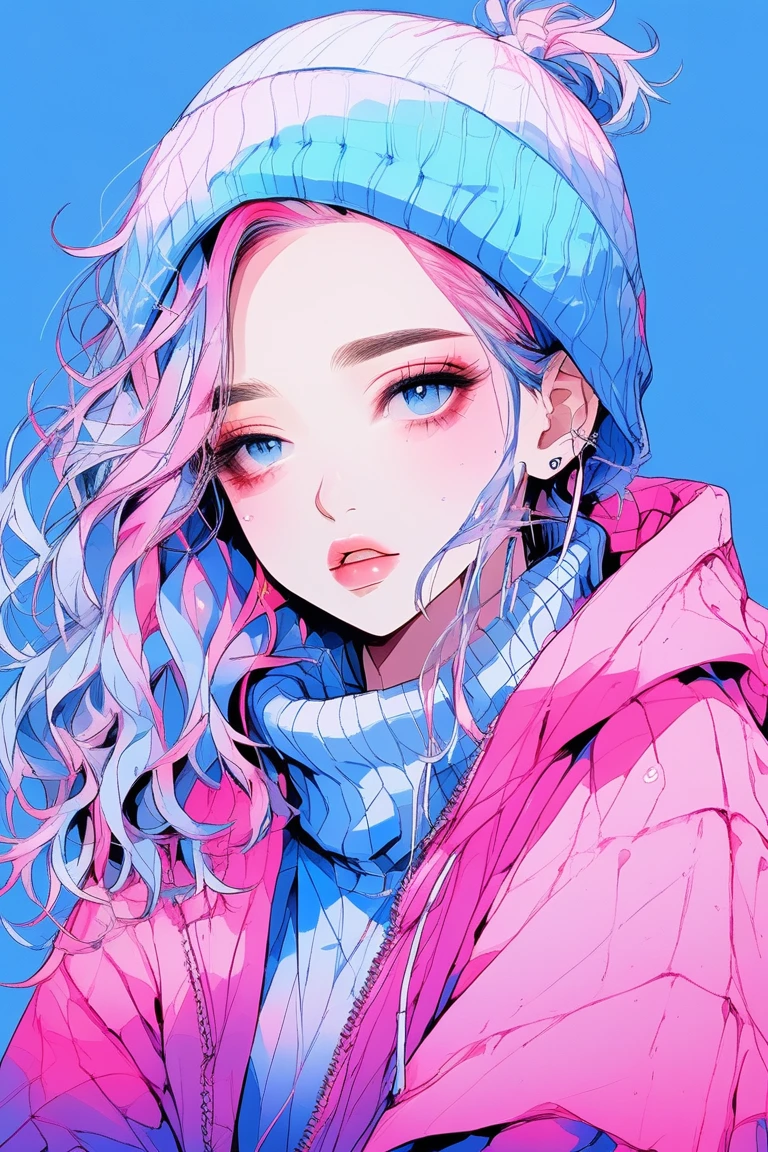 (Highest quality:0.8), (Highest quality:0.8), Perfect illustration((masterpiece, Highest quality)), Illustrator, anime , Realistic ,sketch , 1 person, ,lip, sweater,order, Blue gradient background, Neon Hair,Texture Trim, Canadian, (masterpiece,Highest quality) cancer