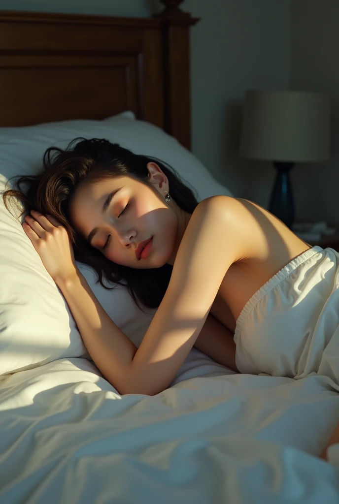 Slim smart girl sleep at bad without cloth