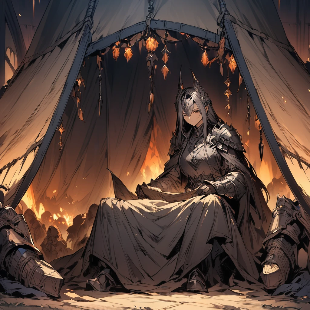 Very high quality dark fantasy style illustrations,In a tent at the Knights&#39; camp, a succubus is smiling and gazing at us in a uettish pose.,The succubus is smiling seductively as she sits on the knight lying on the bed.,In a dark tent,